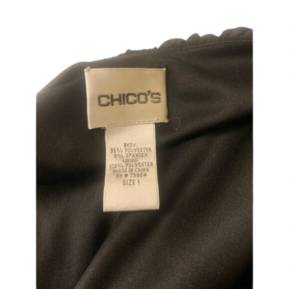 Chico's Black Stretch Dress V-Neck Peplum Tie-At-Waist 3/4 Sleeve Sz Medium (1)‎ - Picture 11 of 13